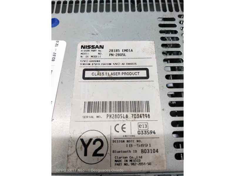 Recambio de sistema audio / radio cd para nissan tiida (c11x/sc11x) acenta referencia OEM IAM 28185EM01A  