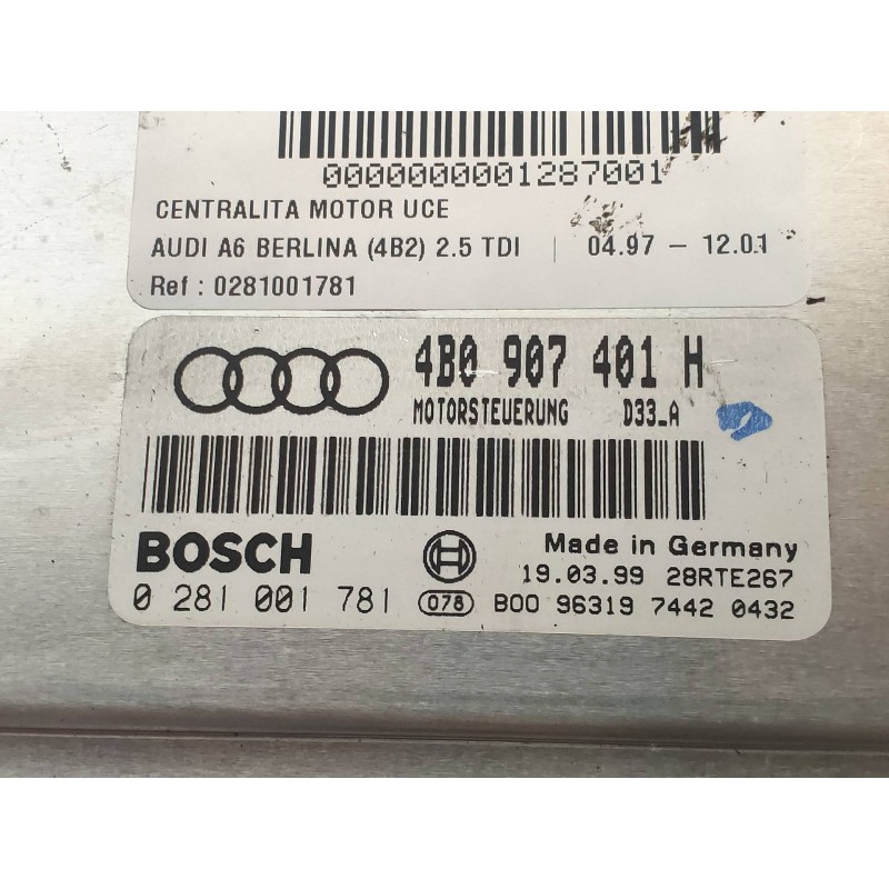 Recambio de centralita motor uce para audi a6 berlina (4b2) 2.5 tdi referencia OEM IAM 0281001781 4B0907401H 