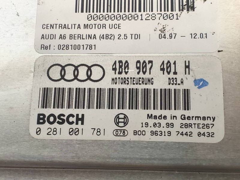 Recambio de centralita motor uce para audi a6 berlina (4b2) 2.5 tdi referencia OEM IAM 0281001781 4B0907401H 
