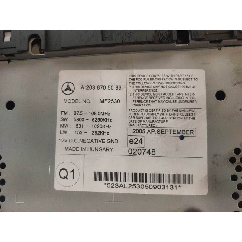 Recambio de sistema audio / radio cd para mercedes clase c (w203) familiar c 320 t cdi (203.220) referencia OEM IAM A2038705089 