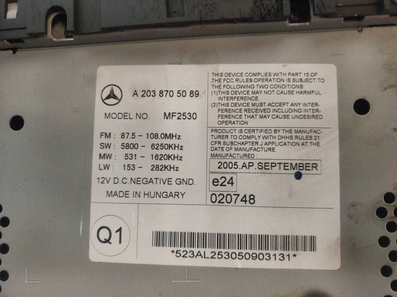 Recambio de sistema audio / radio cd para mercedes clase c (w203) familiar c 320 t cdi (203.220) referencia OEM IAM A2038705089 