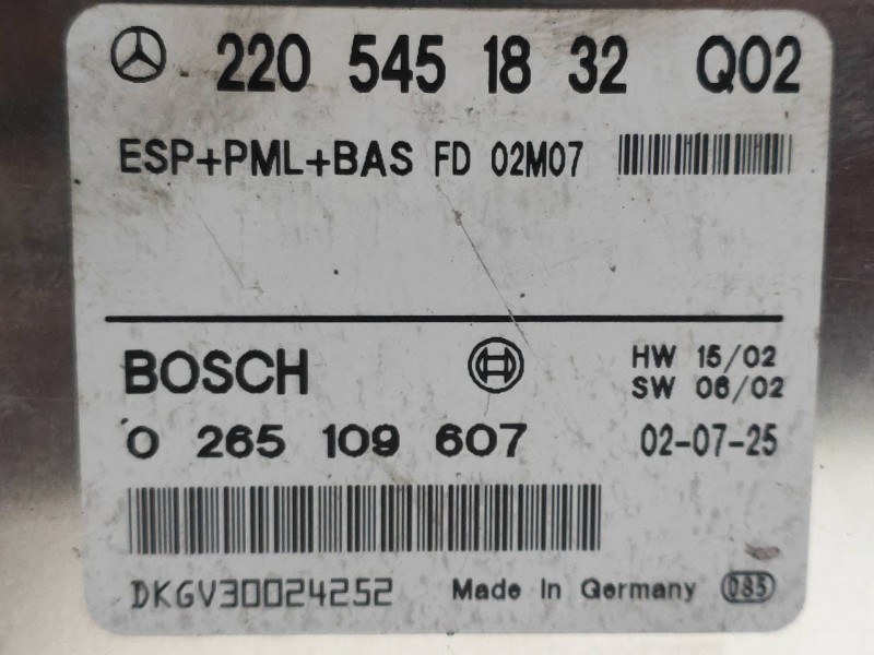 Recambio de centralita abs para mercedes clase s (w220) berlina 320 cdi (220.025) referencia OEM IAM 0265109607 2205451832 