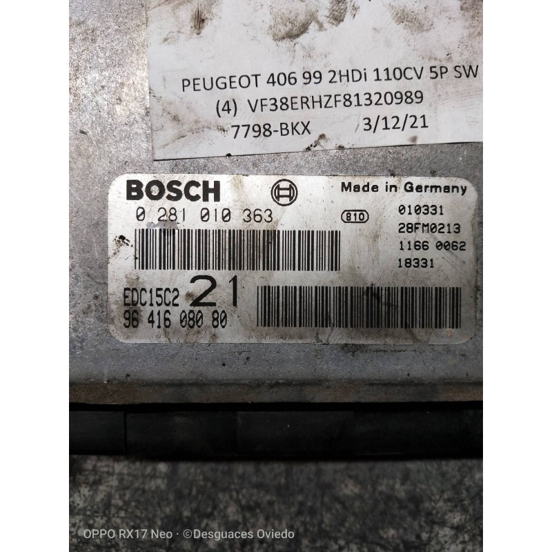 Recambio de centralita motor uce para peugeot 406 break (s1/s2) sr td referencia OEM IAM 0281010363 9641608080 EDC15