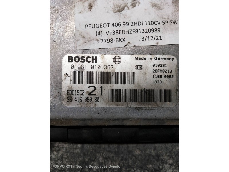 Recambio de centralita motor uce para peugeot 406 break (s1/s2) sr td referencia OEM IAM 0281010363 9641608080 EDC15