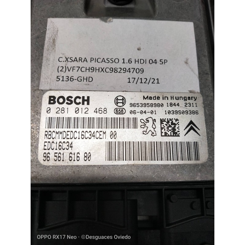 Recambio de centralita motor uce para citroen xsara picasso 1.6 hdi 90 exclusive referencia OEM IAM 0281012468 9656161680 965395