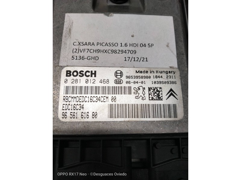 Recambio de centralita motor uce para citroen xsara picasso 1.6 hdi 90 exclusive referencia OEM IAM 0281012468 9656161680 965395