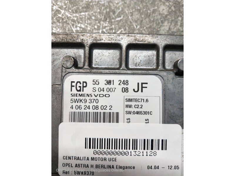 Recambio de centralita motor uce para opel astra h berlina elegance referencia OEM IAM 5WK9370 55351248 JF