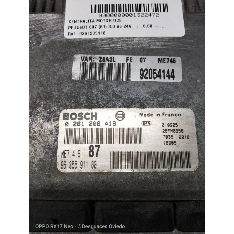 Recambio de centralita motor uce para peugeot 607 (s1) 3.0 v6 24v referencia OEM IAM 0261206418 9635591180 