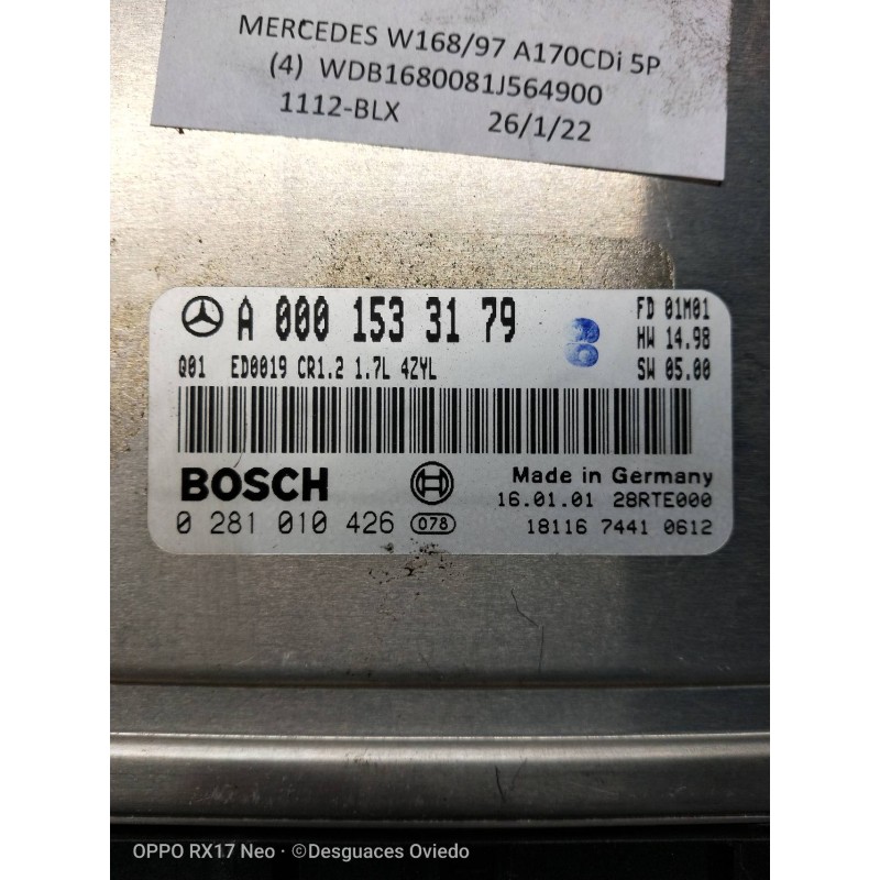 Recambio de centralita motor uce para mercedes clase a (w168) 1.7 cdi diesel cat referencia OEM IAM 0281010426 A0001533179 