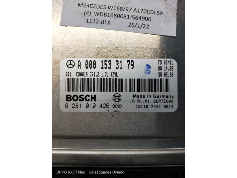 Recambio de centralita motor uce para mercedes clase a (w168) 1.7 cdi diesel cat referencia OEM IAM 0281010426 A0001533179 