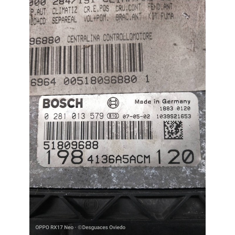 Recambio de centralita motor uce para fiat bravo (198) 1.9 8v dynamic multijet mit paket sport referencia OEM IAM 0281013579 518