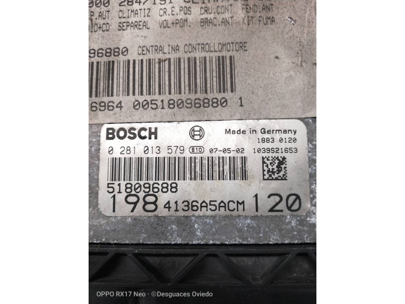 Recambio de centralita motor uce para fiat bravo (198) 1.9 8v dynamic multijet mit paket sport referencia OEM IAM 0281013579 518