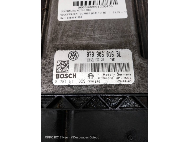 Recambio de centralita motor uce para volkswagen touareg (7la) tdi r5 referencia OEM IAM 0281011859 070906016BL EDC16