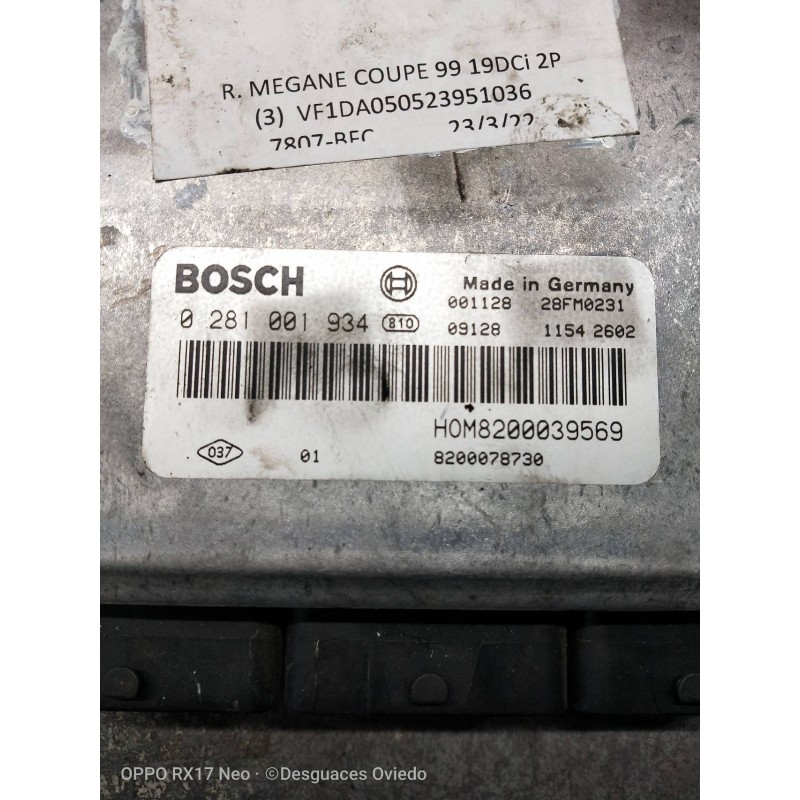 Recambio de centralita motor uce para renault megane i coupe fase 2 (da..) 1.9 dci dynamique referencia OEM IAM 0281001934 82000