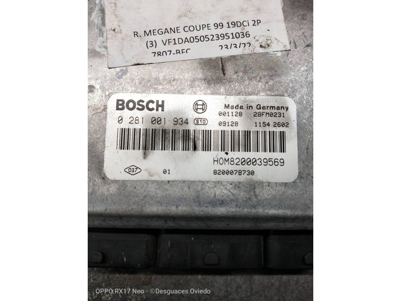 Recambio de centralita motor uce para renault megane i coupe fase 2 (da..) 1.9 dci dynamique referencia OEM IAM 0281001934 82000