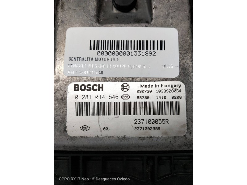 Recambio de centralita motor uce para renault megane iii coupe dynamique referencia OEM IAM 0281014546 237100055R 237100238R