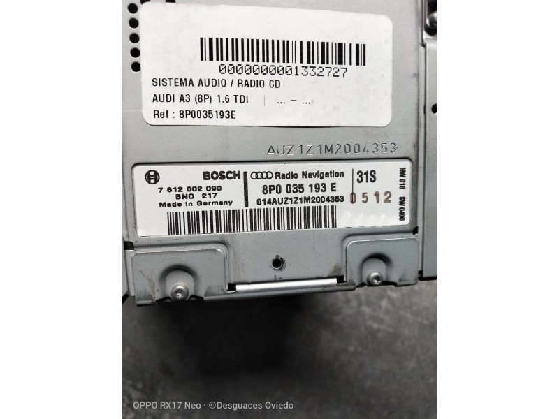 Recambio de sistema audio / radio cd para audi a3 (8p) 1.6 tdi referencia OEM IAM 8P0035193E 7612002090 