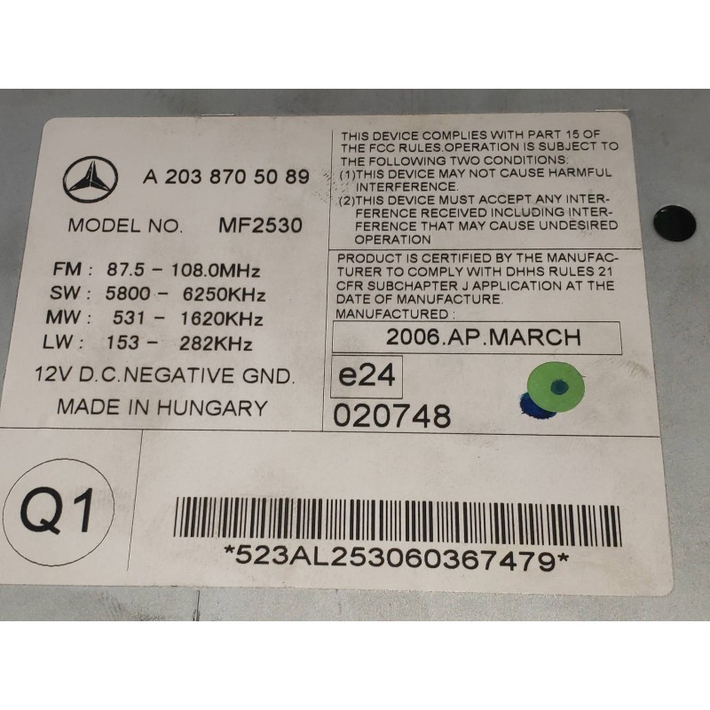 Recambio de sistema audio / radio cd para mercedes clase c (w203) sportcoupe c 180 compressor (203.746) referencia OEM IAM A2038