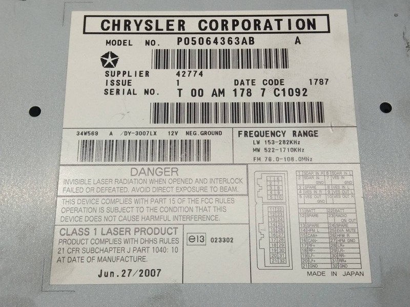 Recambio de sistema audio / radio cd para dodge caliber s referencia OEM IAM P05064363AB  