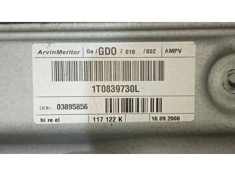 Recambio de elevalunas trasero derecho para volkswagen touran (1t2) highline referencia OEM IAM 1K0959704K 1T0839730L 