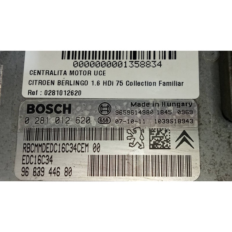 Recambio de centralita motor uce para citroen berlingo 1.6 hdi 75 collection familiar referencia OEM IAM 0281012620 9663944680 9