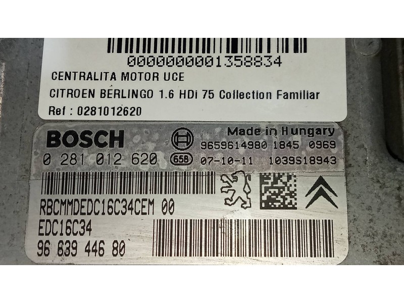 Recambio de centralita motor uce para citroen berlingo 1.6 hdi 75 collection familiar referencia OEM IAM 0281012620 9663944680 9