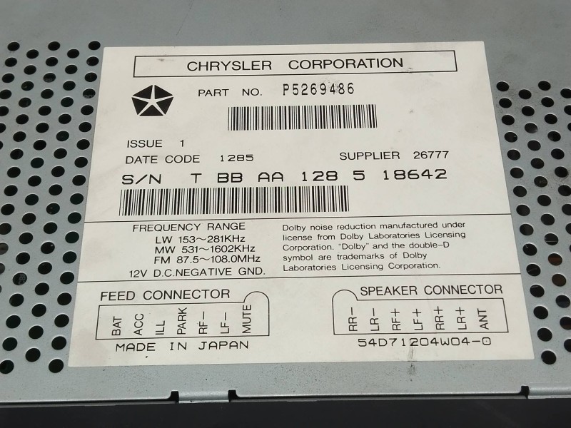 Recambio de sistema audio / radio cd para chrysler stratus berlina (ja) 2.0 le referencia OEM IAM P5269486  