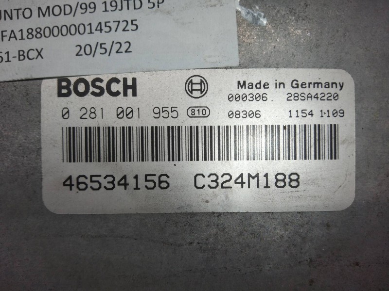 Recambio de centralita motor uce para fiat punto berlina (188) 1.9 d (i) referencia OEM IAM 0281001955 46534156 C324M188