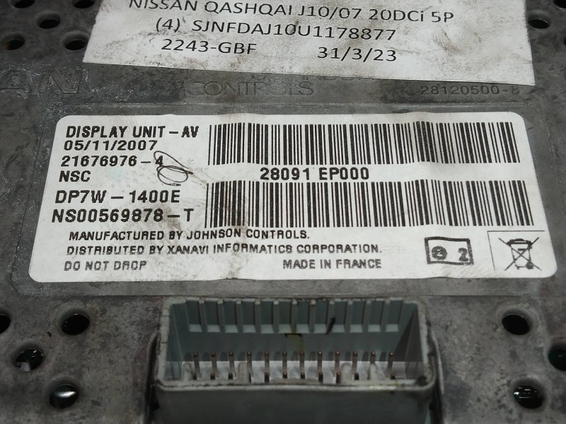 Recambio de pantalla multifuncion para nissan qashqai (j10) 2.0 dci turbodiesel cat referencia OEM IAM 216769764 DP7W1400E 
