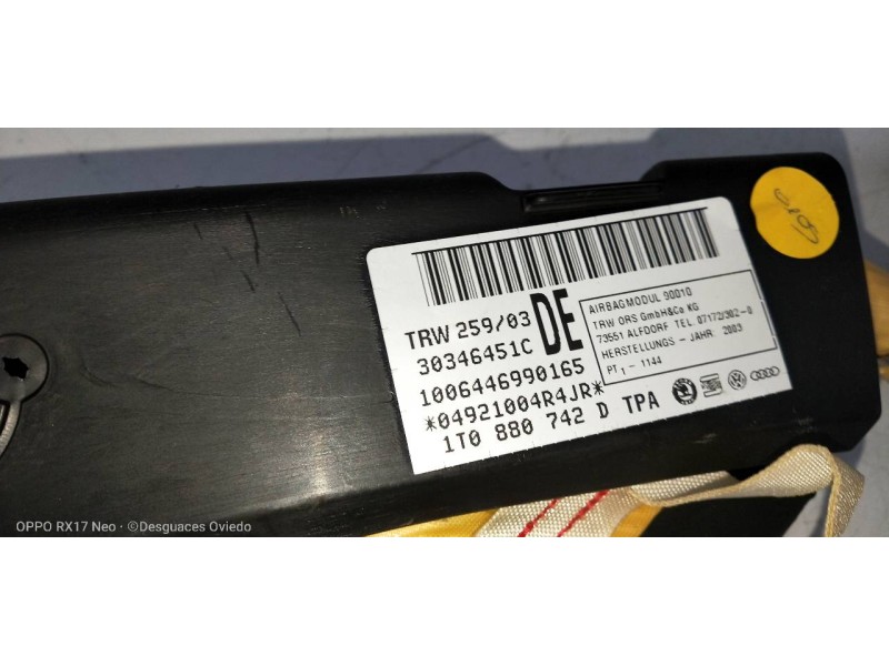 Recambio de airbag cortina delantero derecho para volkswagen touran (1t1) 1.9 tdi referencia OEM IAM 1T0880742D  