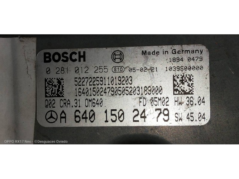 Recambio de centralita motor uce para mercedes clase a (w169) a 180 cdi (169.307) referencia OEM IAM 0281012255 A6401502479 