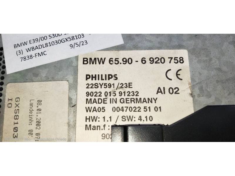 Recambio de sistema navegacion gps para bmw serie 5 berlina (e39) 530d referencia OEM IAM 65906920758 22SY59123E 
