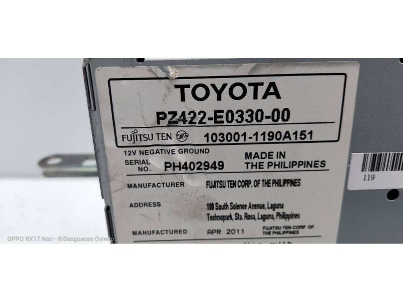 Recambio de sistema navegacion gps para toyota auris active referencia OEM IAM PZ422E033000 1030011190A151 