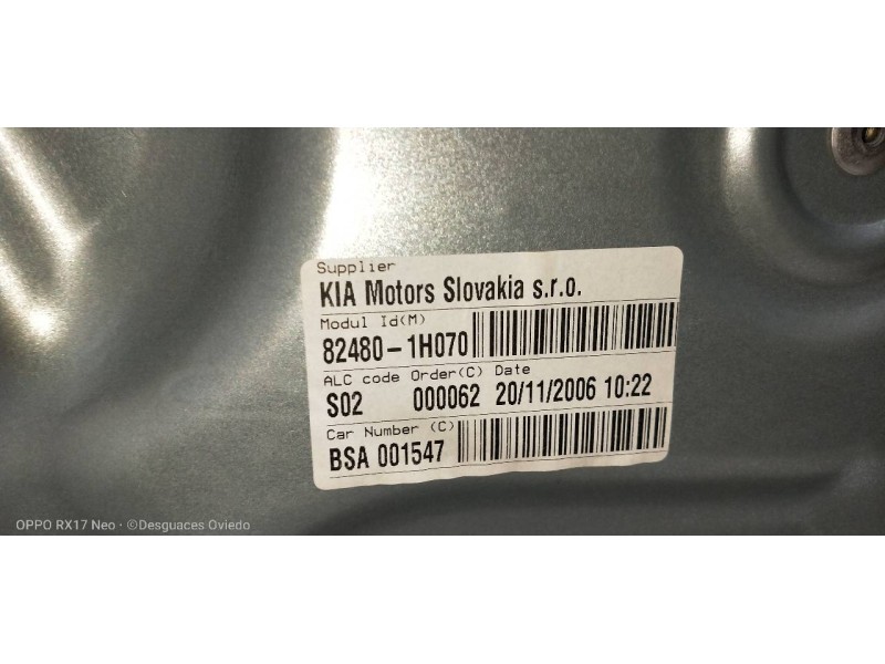 Recambio de elevalunas delantero derecho para kia cee´d active referencia OEM IAM 824801H070  