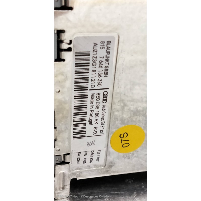 Recambio de sistema audio / radio cd para audi a4 berlina (8e) 2.0 tdi (dpf) (125kw) referencia OEM IAM 8E0035186AK  