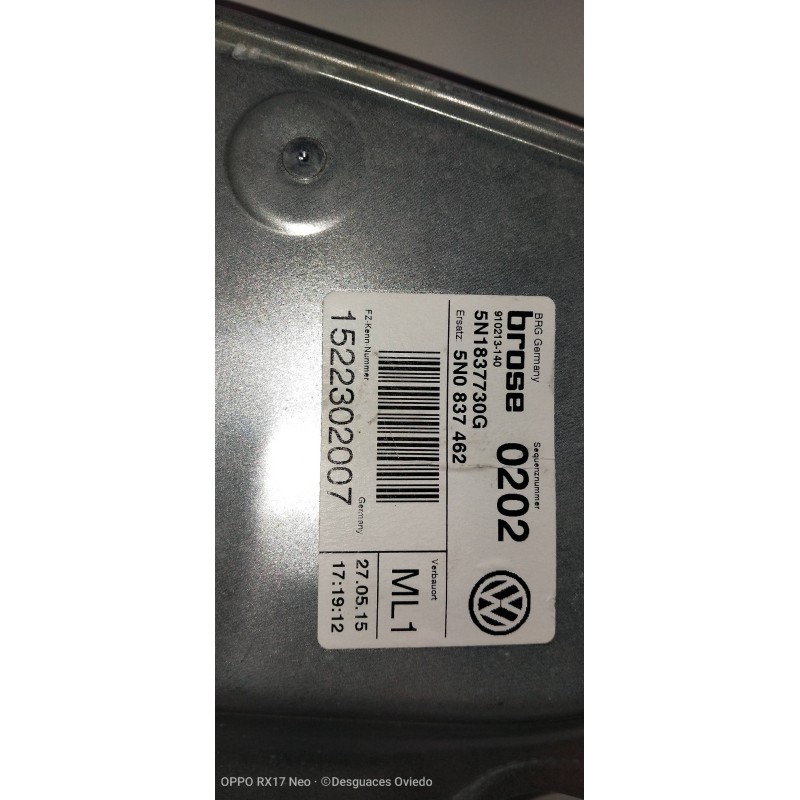 Recambio de elevalunas delantero derecho para volkswagen tiguan (5n2) sport 4motion bmt referencia OEM IAM 5N0837462 5N0837756 3