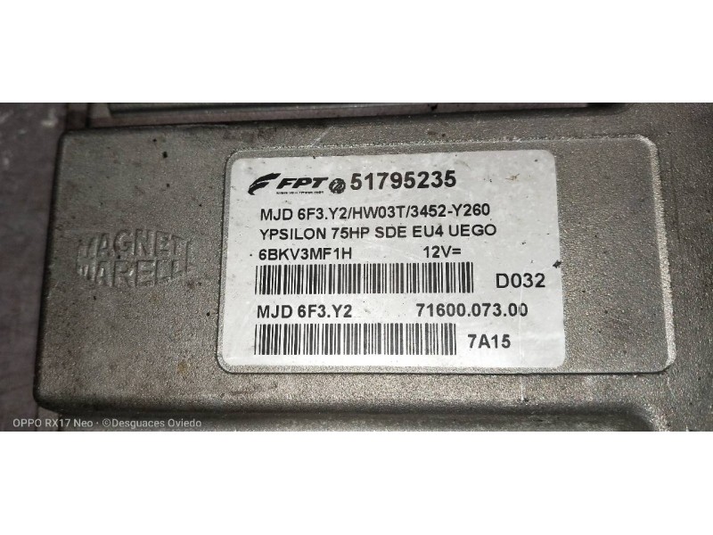 Recambio de centralita motor uce para lancia ypsilon (101) 1.3 multijet 16v platino (10.2006) referencia OEM IAM 51795235 MJD6F3