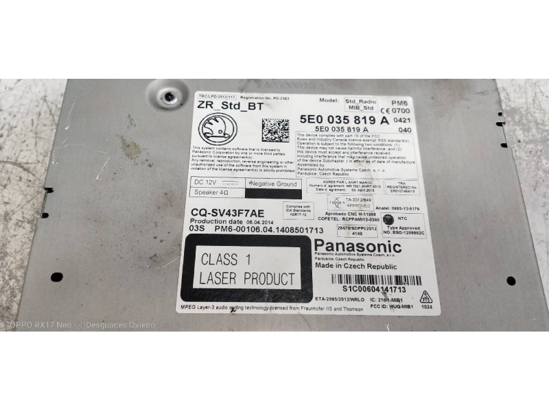 Recambio de sistema audio / radio cd para skoda octavia combi (5e5) ambition referencia OEM IAM 5E0035819A  