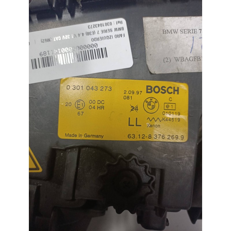 Recambio de faro izquierdo para bmw serie 7 (e38) 4.4 v8 32v cat (m62) referencia OEM IAM 0301043273 631283762699 XENON