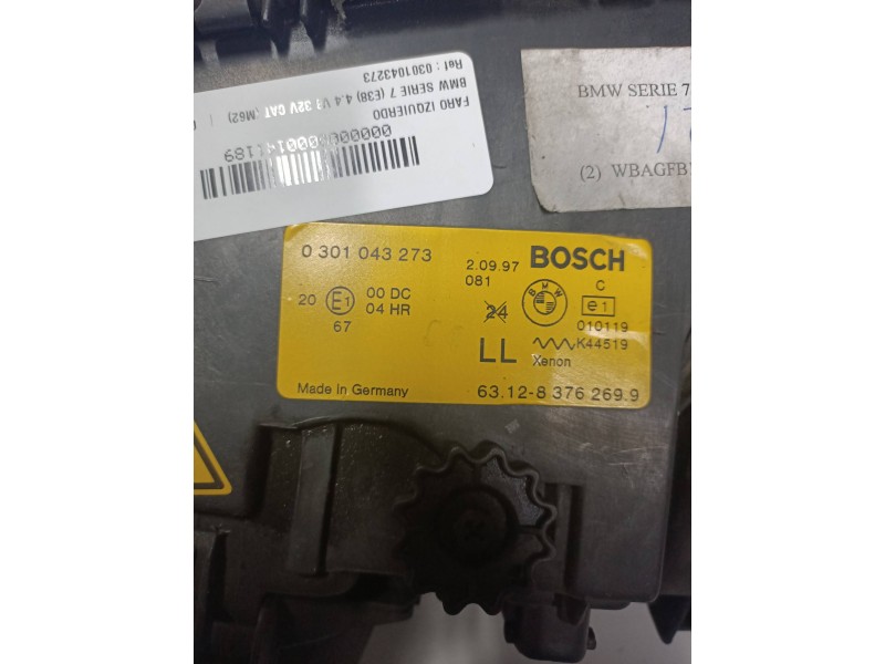 Recambio de faro izquierdo para bmw serie 7 (e38) 4.4 v8 32v cat (m62) referencia OEM IAM 0301043273 631283762699 XENON