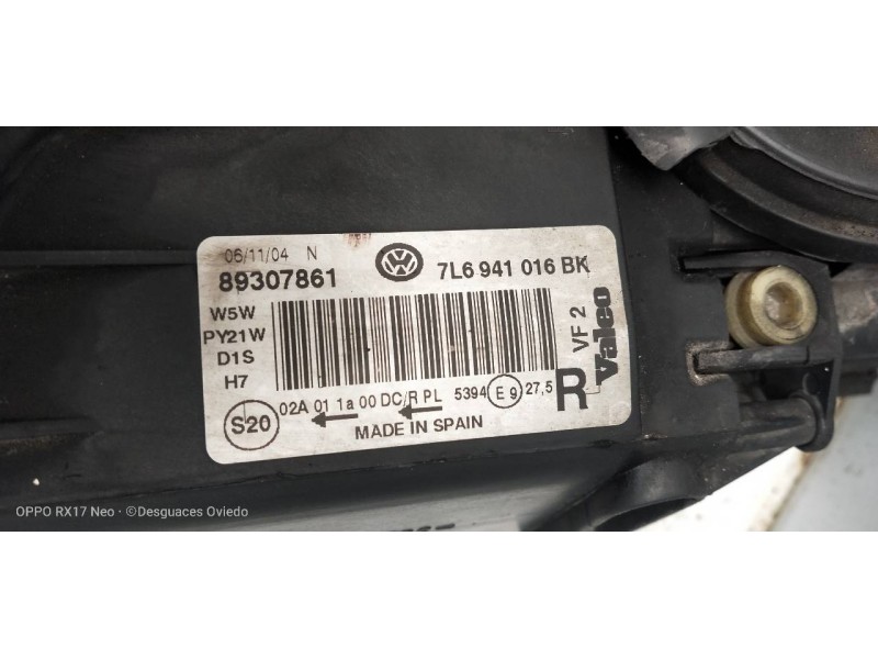Recambio de faro derecho para volkswagen touareg (7la) tdi r5 referencia OEM IAM 7L6941016BK 3D0909158 89307861 XENON 