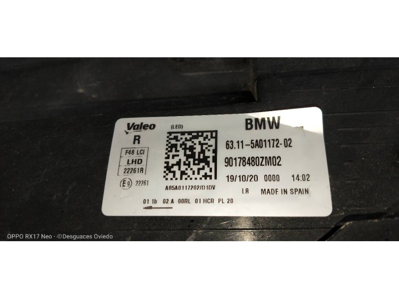 Recambio de faro derecho para bmw serie x1 (f48) sdrive18d referencia OEM IAM 63115A01172 90178480ZM02 