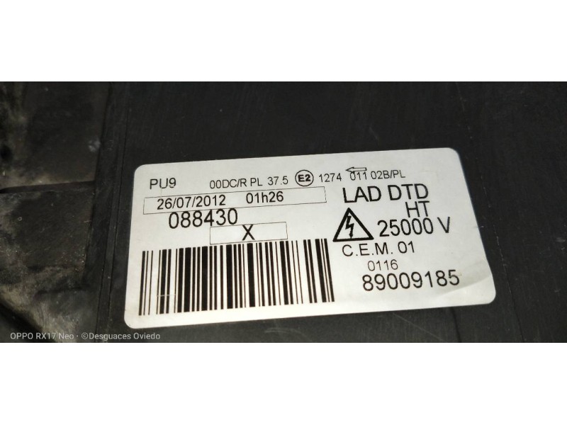 Recambio de faro derecho para peugeot 807 st pack referencia OEM IAM 89009185 XENON 