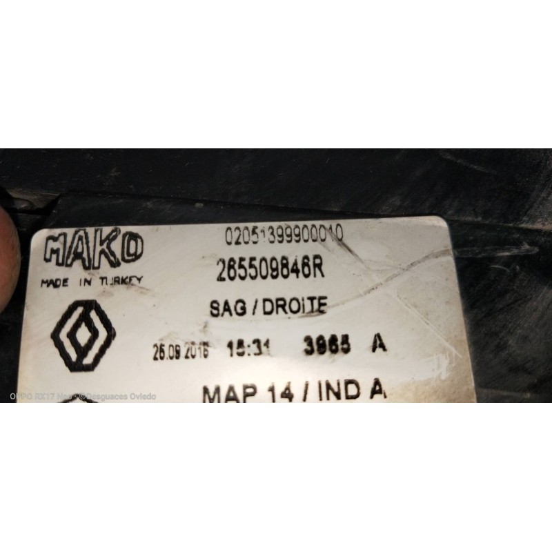 Recambio de piloto trasero derecho para renault clio v 1.5 blue dci diesel fap referencia OEM IAM 265509846R  