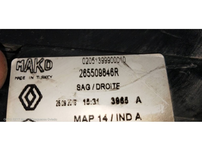 Recambio de piloto trasero derecho para renault clio v 1.5 blue dci diesel fap referencia OEM IAM 265509846R  