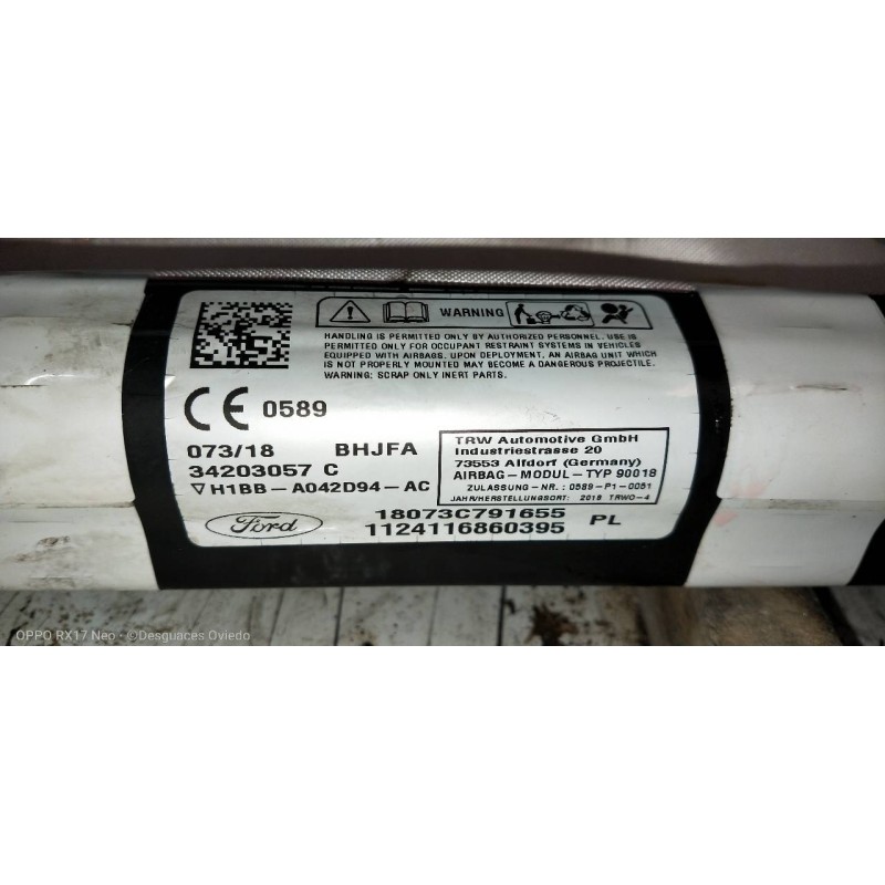 Recambio de airbag cortina delantero derecho para ford fiesta (ce1) trend referencia OEM IAM H1BBA042D94AC  