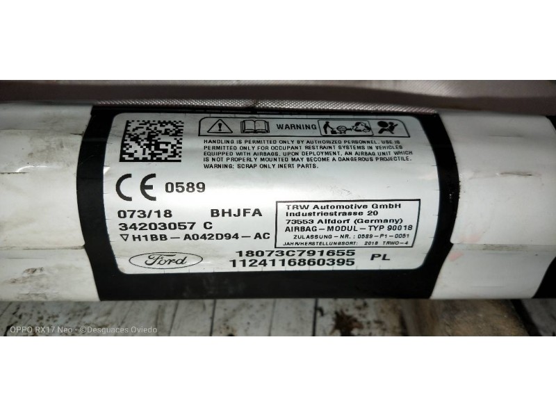 Recambio de airbag cortina delantero derecho para ford fiesta (ce1) trend referencia OEM IAM H1BBA042D94AC  