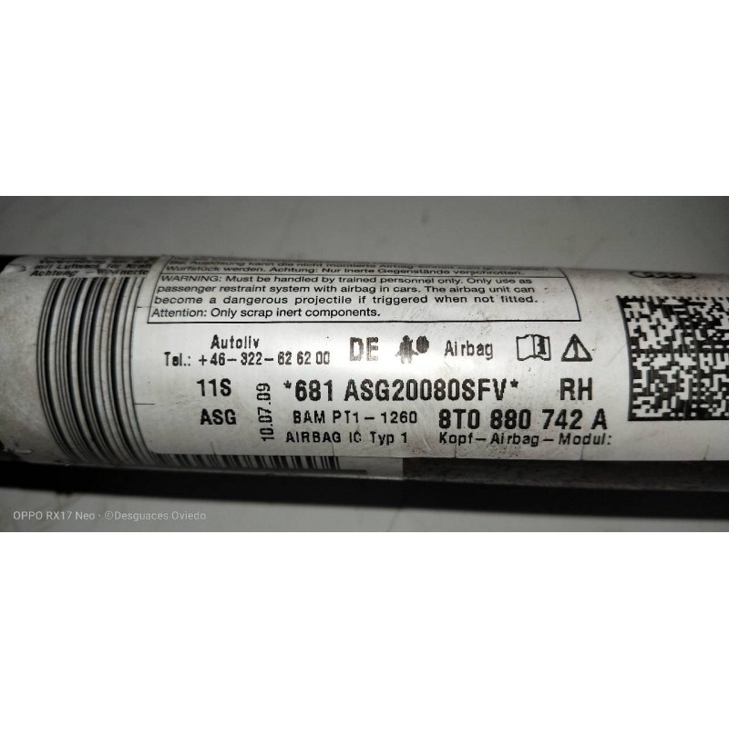 Recambio de airbag cortina delantero derecho para audi a5 coupe (8t) 2.0 tfsi (132kw) referencia OEM IAM 8T0880742A  