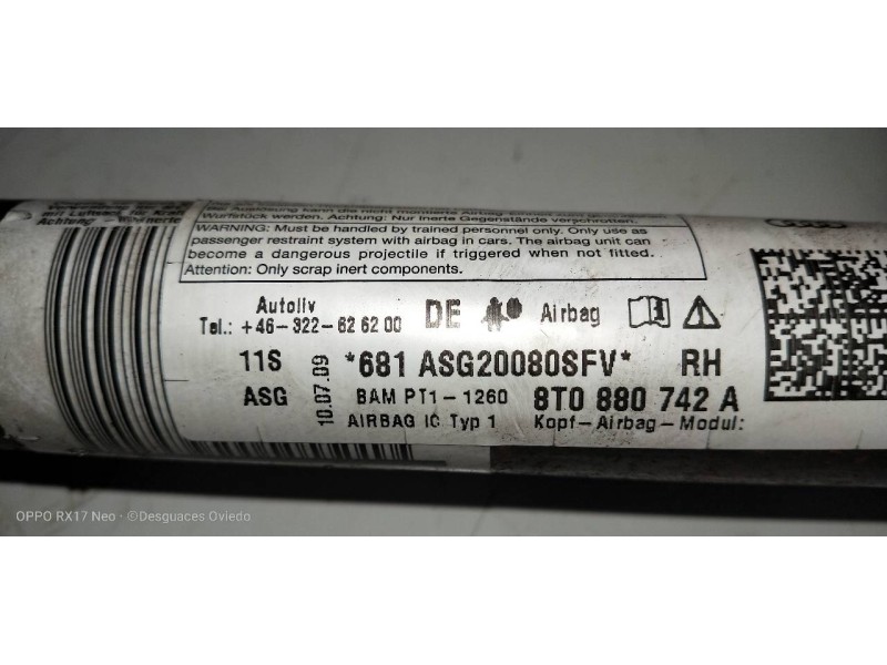 Recambio de airbag cortina delantero derecho para audi a5 coupe (8t) 2.0 tfsi (132kw) referencia OEM IAM 8T0880742A  