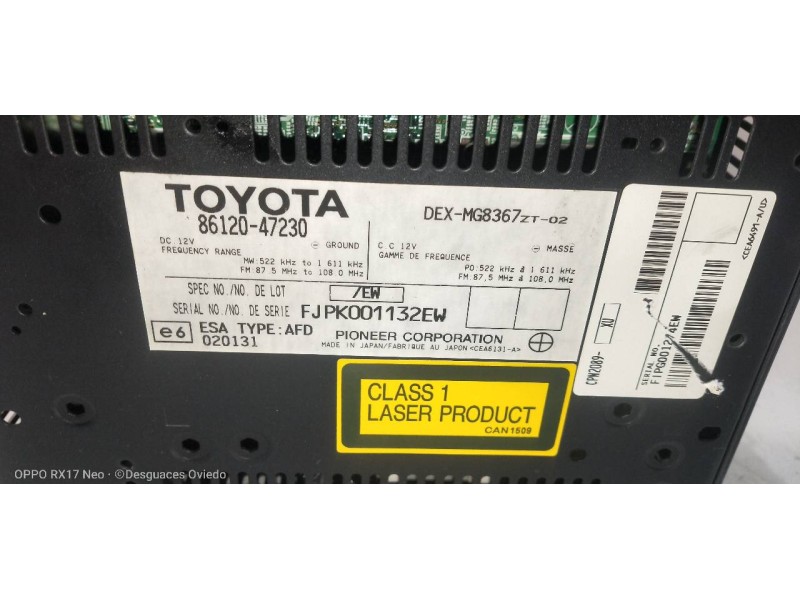 Recambio de sistema audio / radio cd para toyota prius (nhw20) basis referencia OEM IAM 8612047230  